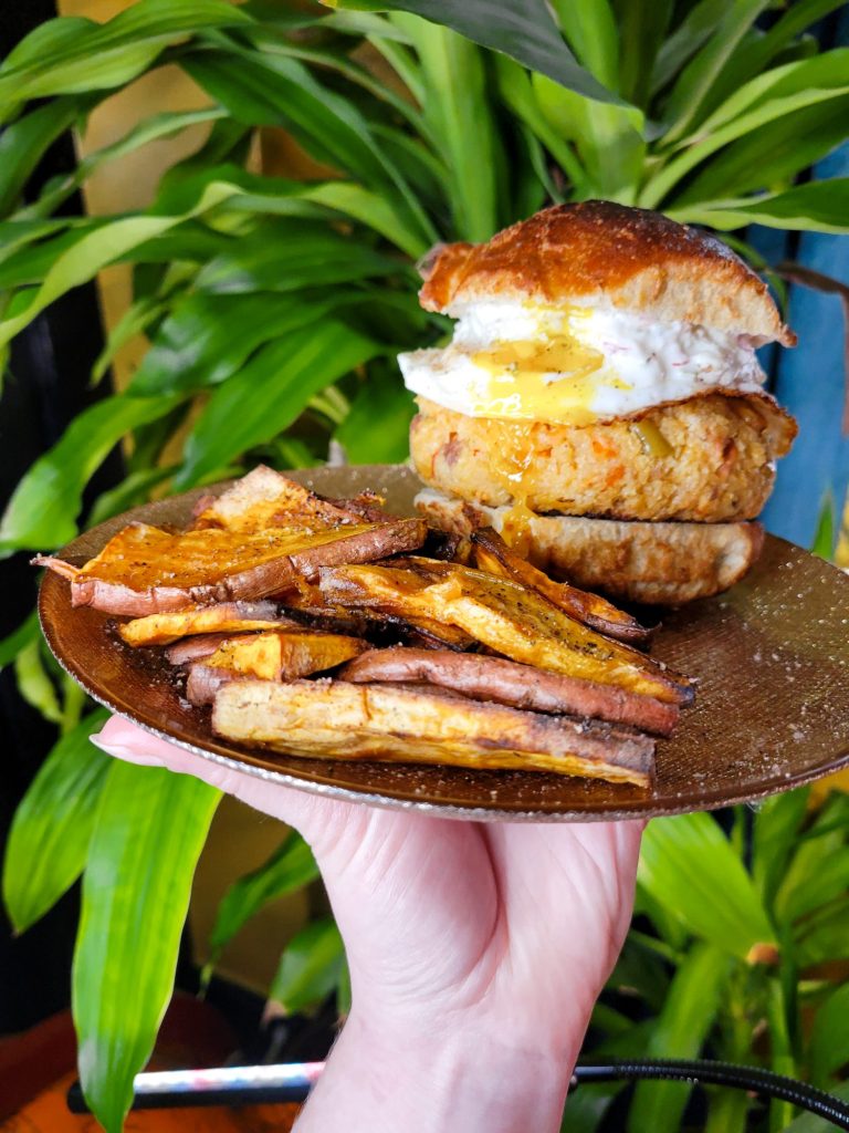 Salmon Burgers w/ Rice, Tartar & Runny Egg