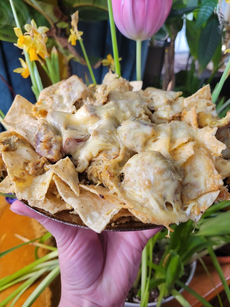 Nachos w/ Multicolored Potato Curry & Sprouts