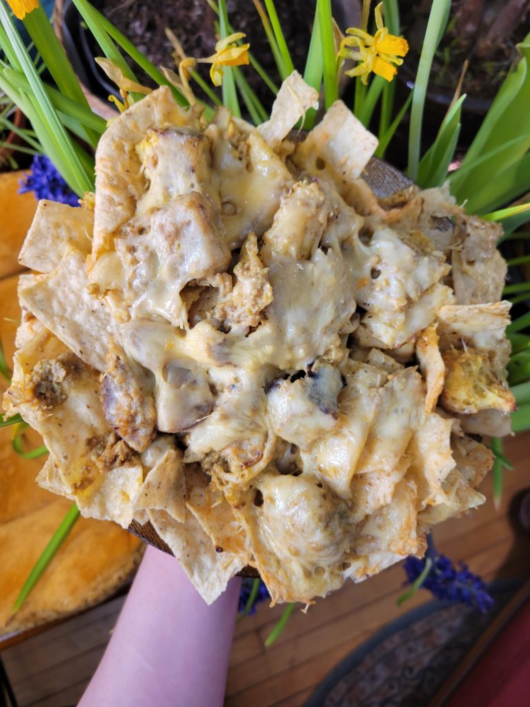 Nachos w/ Multicolored Potato Curry & Sprouts