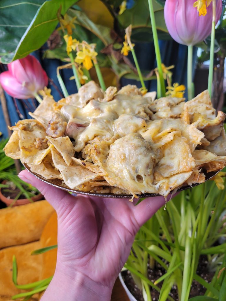 Nachos w/ Multicolored Potato Curry & Sprouts