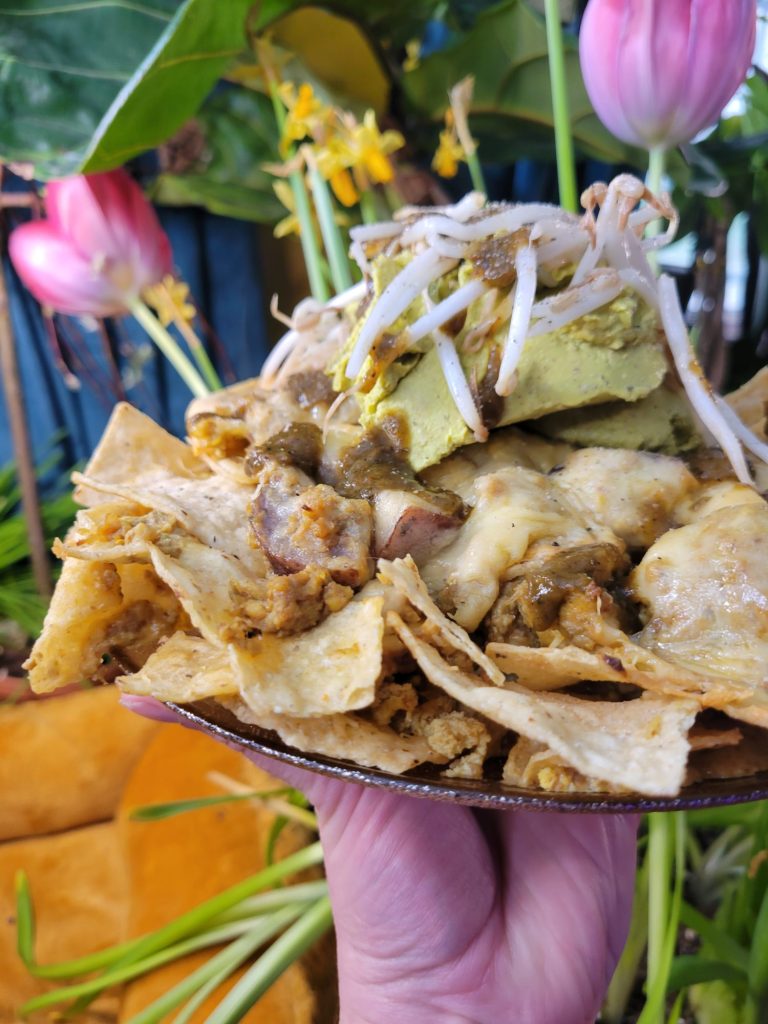 Nachos w/ Multicolored Potato Curry & Sprouts