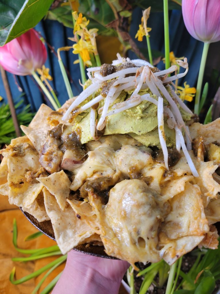 Nachos w/ Multicolored Potato Curry & Sprouts