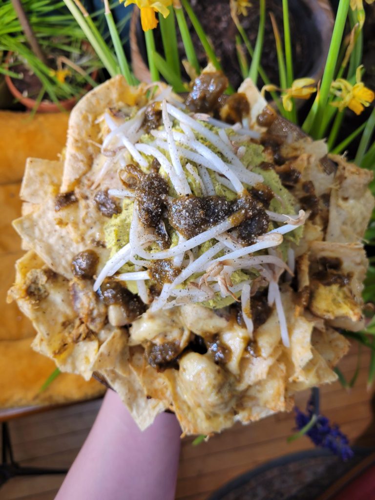 Nachos w/ Multicolored Potato Curry & Sprouts