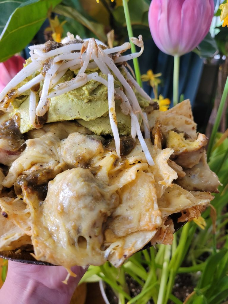 Nachos w/ Multicolored Potato Curry & Sprouts