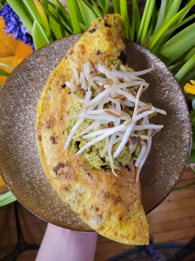 Omelette w/ Multicolored Potato Curry & Sprouts