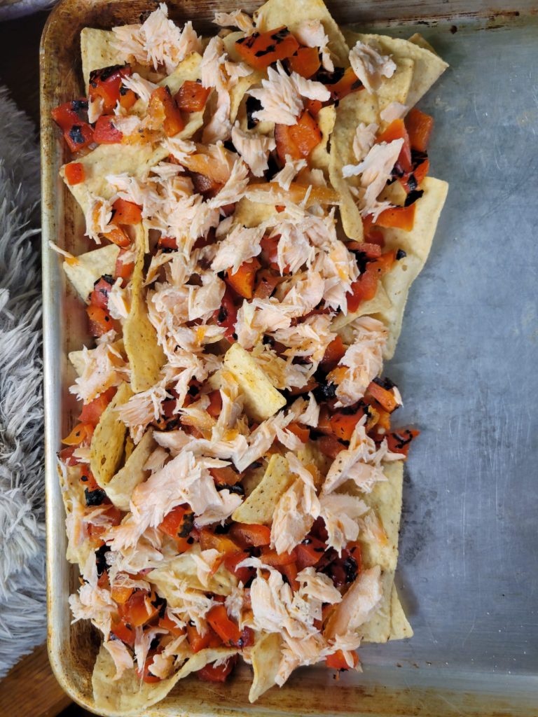 Nachos w/ Grilled Salmon, Red Bell Peppers, & Brie