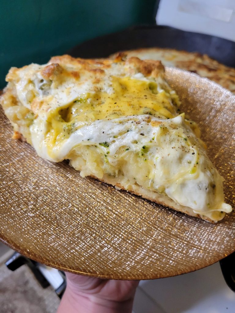 Deep Dish Pizza w/ Mashed Potatoes, Broccoli, & Fresh Mozzarella