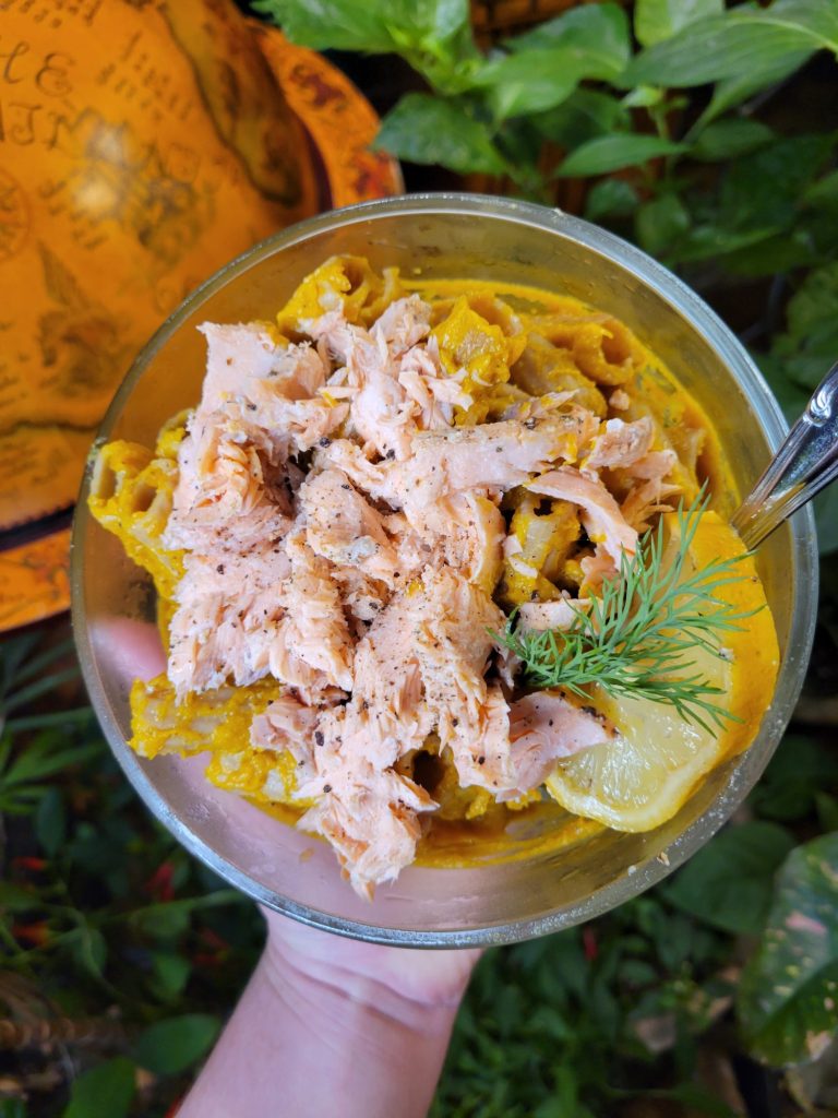 Pasta Salad w/ Salmon, Kabocha Squash, Dijon, & Dill