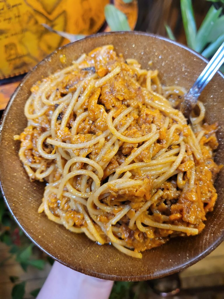 Spaghetti w/ Sweet Potatoes, Ginger, Tahini, & Walnuts