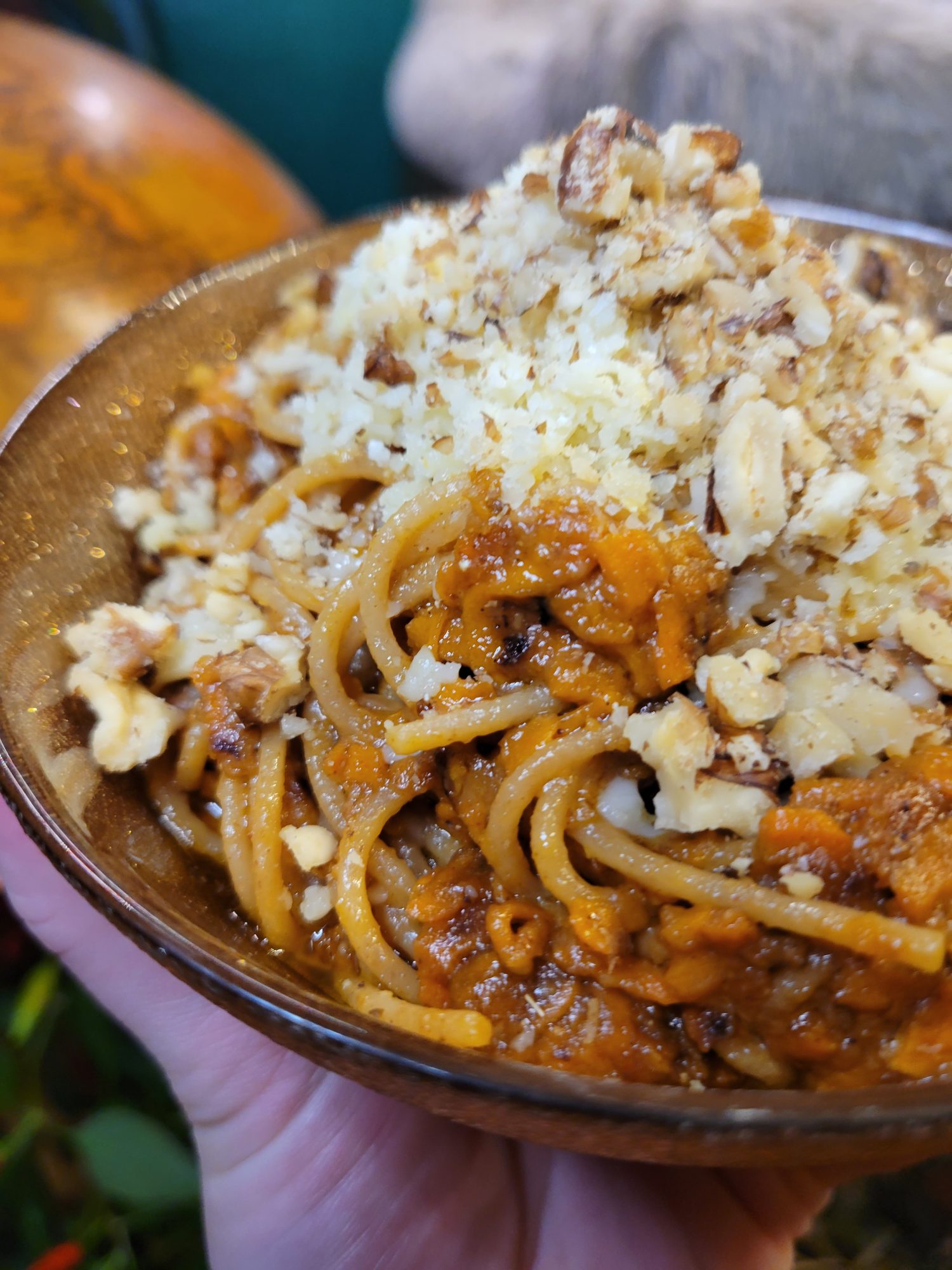 Spaghetti w/ Sweet Potatoes, Ginger, Tahini, & Walnuts