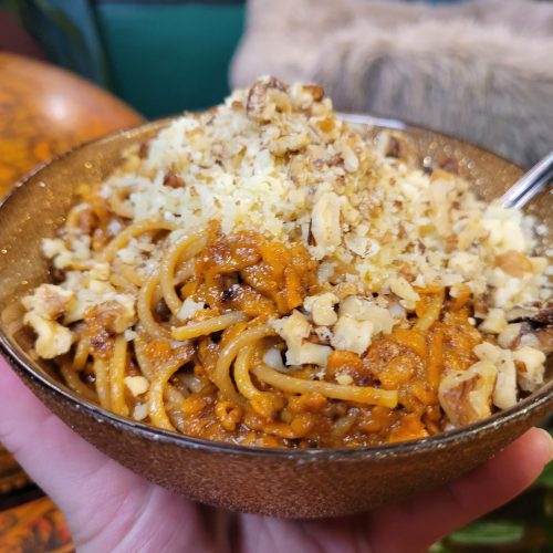 Spaghetti w/ Sweet Potatoes, Ginger, Tahini, & Walnuts