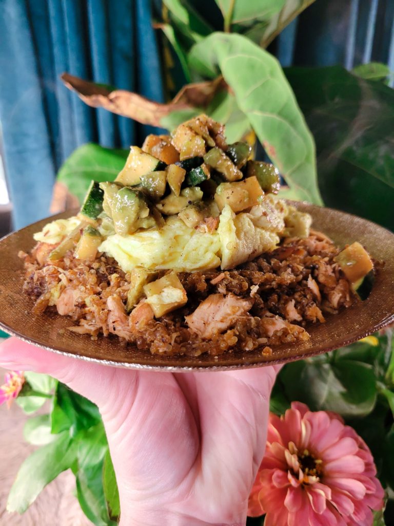 Scrambled Eggs w/ Tamari Quinoa, Pears, & Avocado