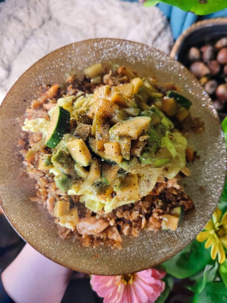 Scrambled Eggs w/ Tamari Quinoa, Pears, & Avocado