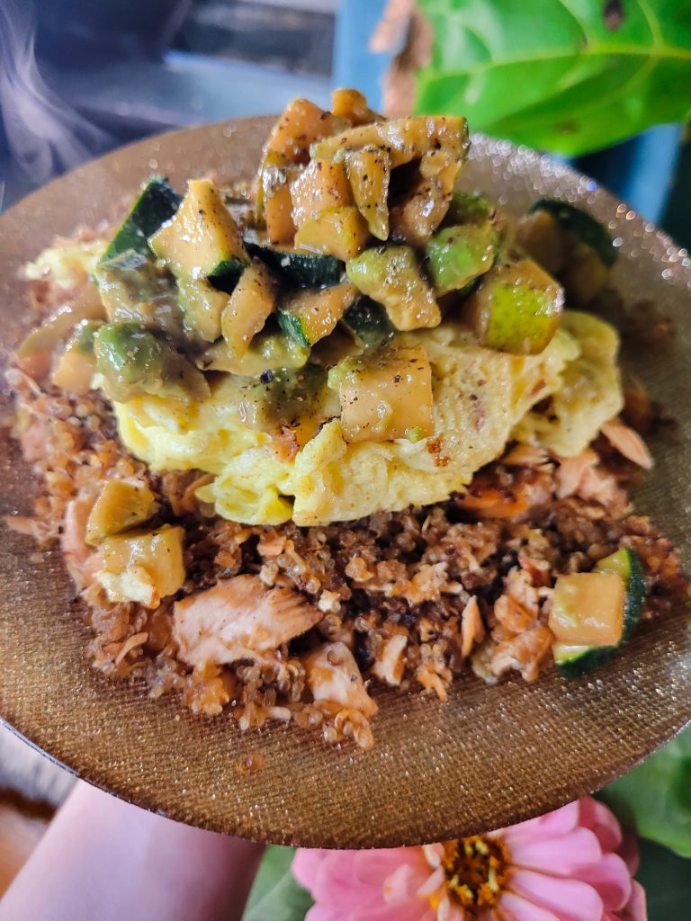 Scrambled Eggs w/ Tamari Quinoa, Pears, & Avocado