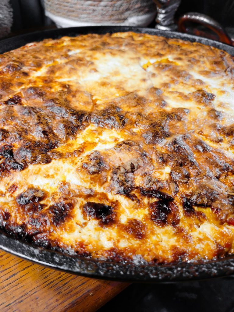 Deep Dish Pizza w/ Mashed Potatoes, Tomatoes, & Fresh Mozzarella