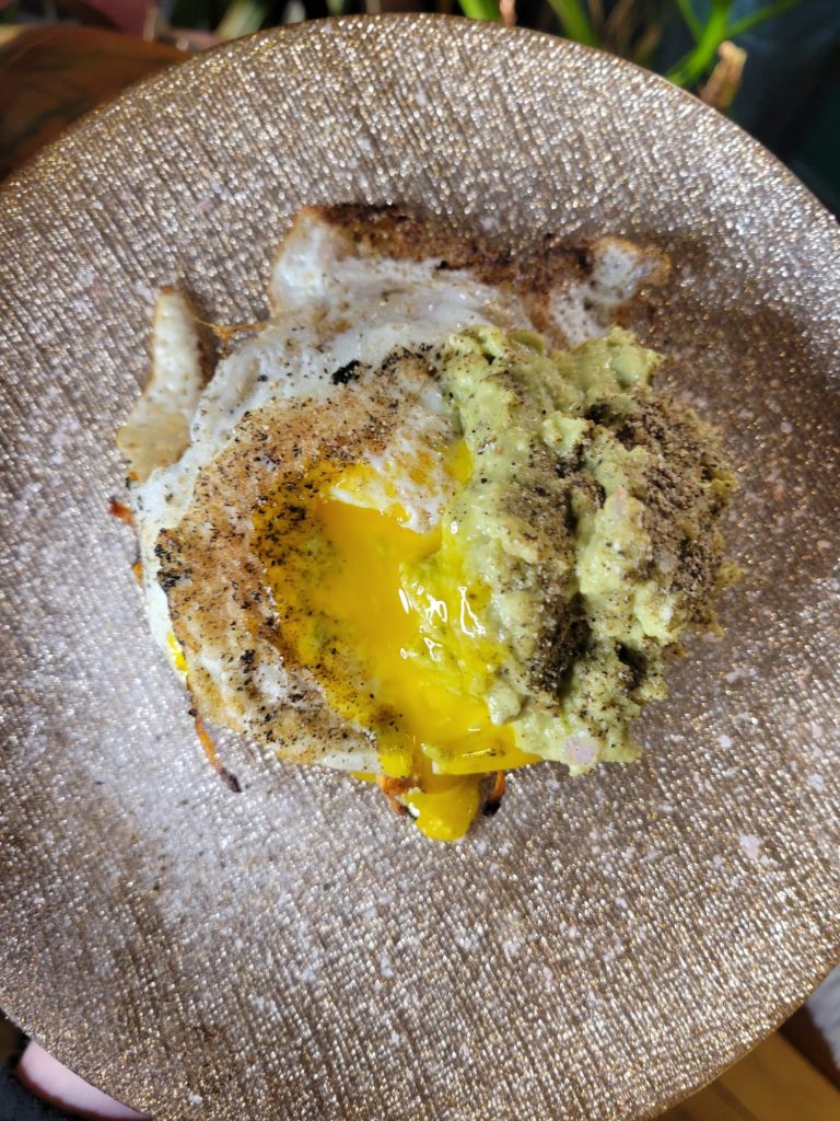 Fried Eggs & Fritters w/ Lemon & Tahini Avocado Dip