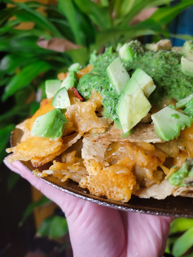 Nachos w/ Rice, Spinach Dip, & Avocados