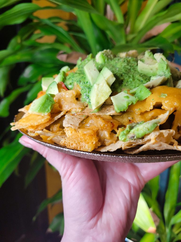 Nachos w/ Rice, Spinach Dip, & Avocados