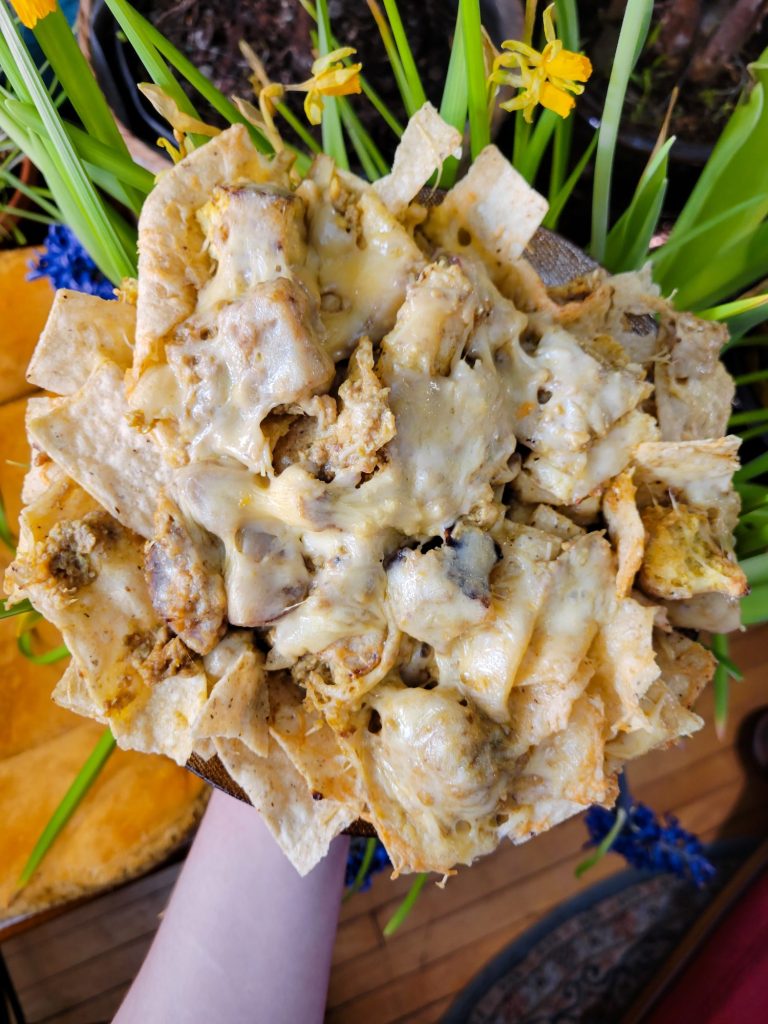 Nachos w/ Multicolored Potato Curry & Sprouts