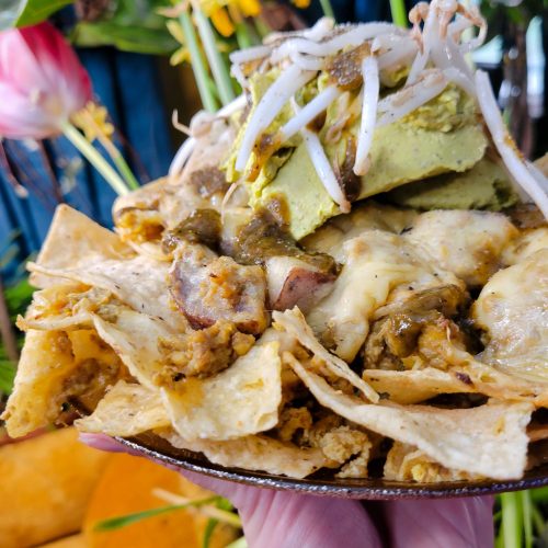 Nachos w/ Multicolored Potato Curry & Sprouts