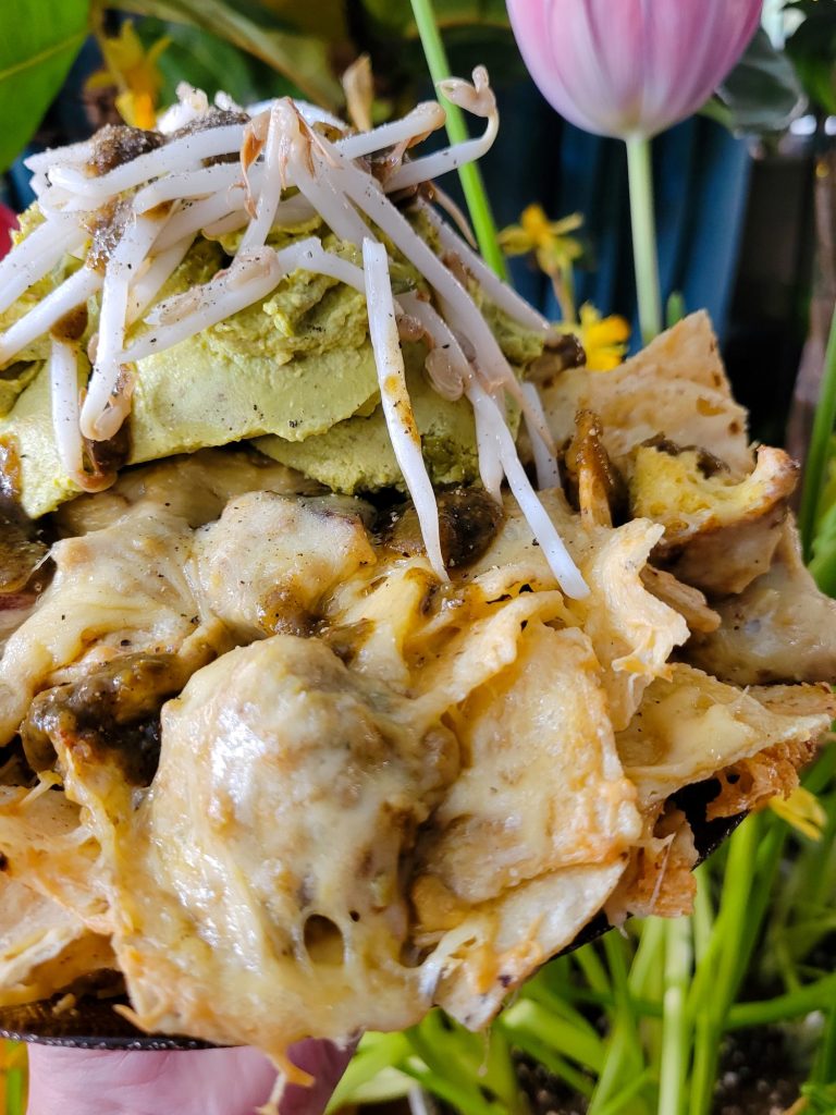 Nachos w/ Multicolored Potato Curry & Sprouts