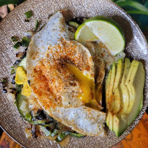 Fried Egg w/ Zucchini, Onion, & Avocado