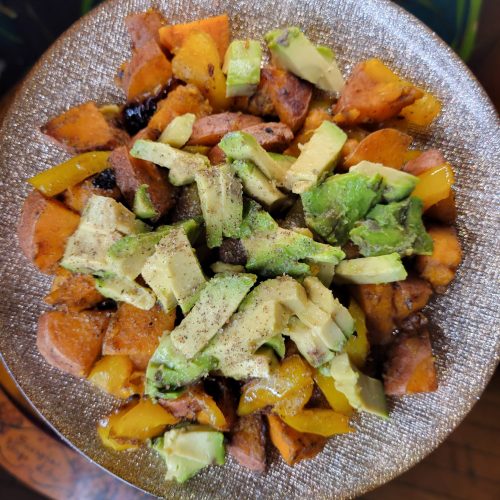 Fried Sweet Potatoes w/ Peppers & Avocado