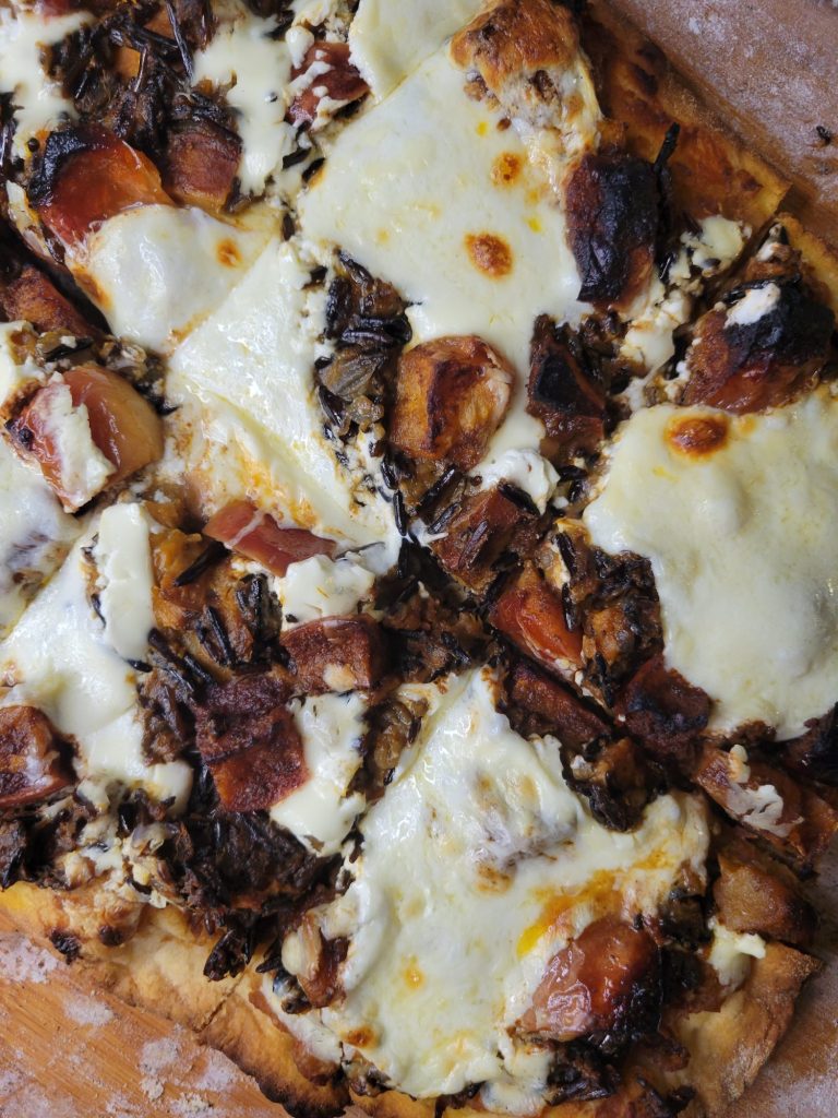 Pizza w/ Refried Beans, Wild Rice, Apples, & Crema