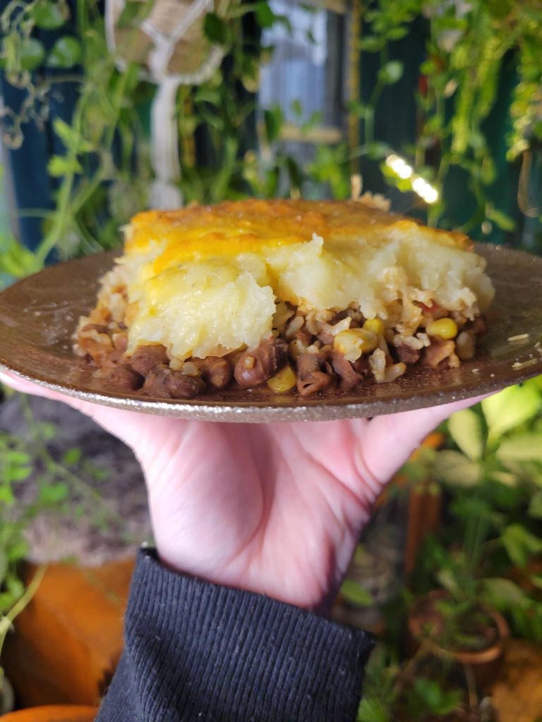 Shepherd's Pie w/ Pinto Beans, Spanish Rice, & Mashed Potatoes